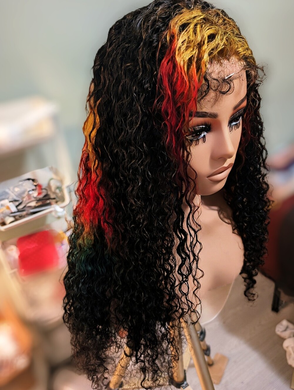 Color-Accent Curly Lace Front Wig — Black with Red & Blonde Highlights
